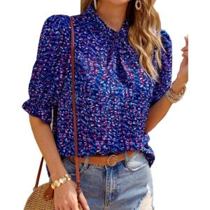 BTFBM Womens Tops 2026 Dressy Casual Blouses Summer Spring Clothes Mock Neck Short Sleeve Shirts Business Work Fall Outfits(Floral Purple Blue)