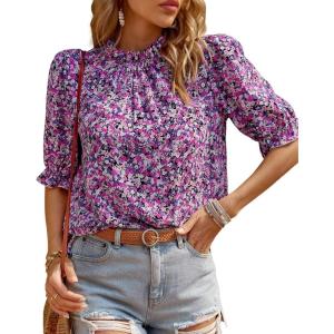 BTFBM Womens Tops 2026 Dressy Casual Blouses Summer Spring Clothes Mock Neck Short Sleeve Shirts Business Work Fall Outfits(Floral Purple White)