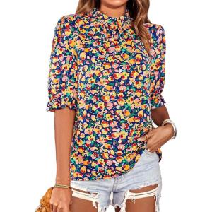 BTFBM Womens Tops 2026 Dressy Casual Blouses Summer Spring Clothes Mock Neck Short Sleeve Shirts Business Work Fall Outfits(Floral Royal Blue)