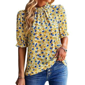 BTFBM Womens Tops 2026 Dressy Casual Blouses Summer Spring Clothes Mock Neck Short Sleeve Shirts Business Work Fall Outfits(Floral Yellow)