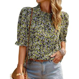 BTFBM Womens Tops 2026 Dressy Casual Blouses Summer Spring Clothes Mock Neck Short Sleeve Shirts Business Work Fall Outfits(Floral Yellow White)