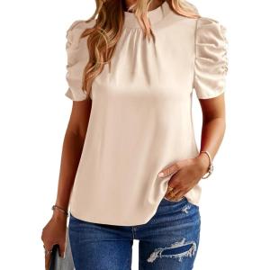 BTFBM Womens Tops 2026 Dressy Casual Blouses Summer Spring Clothes Mock Neck Short Sleeve Shirts Business Work Fall Outfits(Solid Beige)