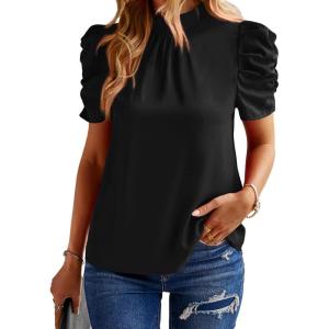 BTFBM Womens Tops 2026 Dressy Casual Blouses Summer Spring Clothes Mock Neck Short Sleeve Shirts Business Work Fall Outfits(Solid Black)