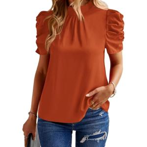 BTFBM Womens Tops 2026 Dressy Casual Blouses Summer Spring Clothes Mock Neck Short Sleeve Shirts Business Work Fall Outfits(Solid Brick Red)