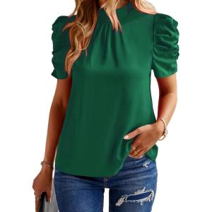 BTFBM Womens Tops 2026 Dressy Casual Blouses Summer Spring Clothes Mock Neck Short Sleeve Shirts Business Work Fall Outfits(Solid Dark Green)