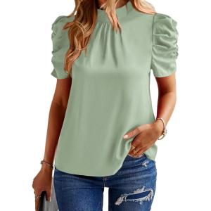 BTFBM Womens Tops 2026 Dressy Casual Blouses Summer Spring Clothes Mock Neck Short Sleeve Shirts Business Work Fall Outfits(Solid Light Green)