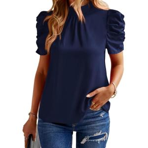 BTFBM Womens Tops 2026 Dressy Casual Blouses Summer Spring Clothes Mock Neck Short Sleeve Shirts Business Work Fall Outfits(Solid Navy)