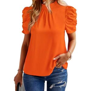 BTFBM Womens Tops 2026 Dressy Casual Blouses Summer Spring Clothes Mock Neck Short Sleeve Shirts Business Work Fall Outfits(Solid Orange)
