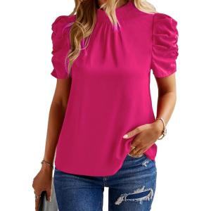 BTFBM Womens Tops 2026 Dressy Casual Blouses Summer Spring Clothes Mock Neck Short Sleeve Shirts Business Work Fall Outfits(Solid Rose Red)