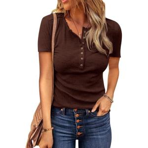 BTFBM Womens Tops 2026 Spring Summer Top Henley V Neck Short Sleeve Button Slim Fit Casual Ribbed Shirts Blouses Outfits(Brown)