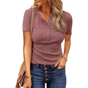 BTFBM Womens Tops 2026 Spring Summer Top Henley V Neck Short Sleeve Button Slim Fit Casual Ribbed Shirts Blouses Outfits(Grey Pink)