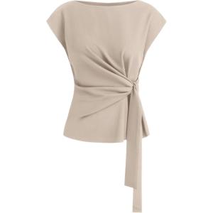 BTFBM Womens Tops Summer 2026 Cap Sleeve Crew Neck Tie Waist Blouses Dressy Casual Business Work Clothes Spring Fashion(Apricot)