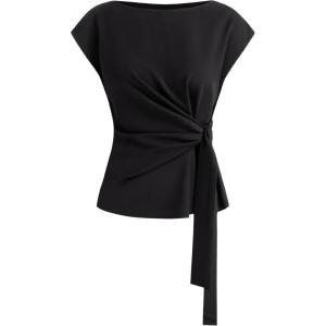 BTFBM Womens Tops Summer 2026 Cap Sleeve Crew Neck Tie Waist Blouses Dressy Casual Business Work Clothes Spring Fashion(Black)