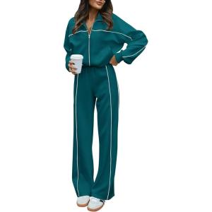 BTFBM Women’s Two Piece Tracksuit Fall 2025 Long Sleeve Zip Up Sweatshirt Long Pants Outfits Jogger Sweatsuit Sets(Blue Green)
