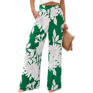 BTFBM Womens Wide Leg Summer Pants 2025 Boho Beach Vacation Loose Elastic Waist Printed Palazzo Pant Pockets(Floral Green Apricot)