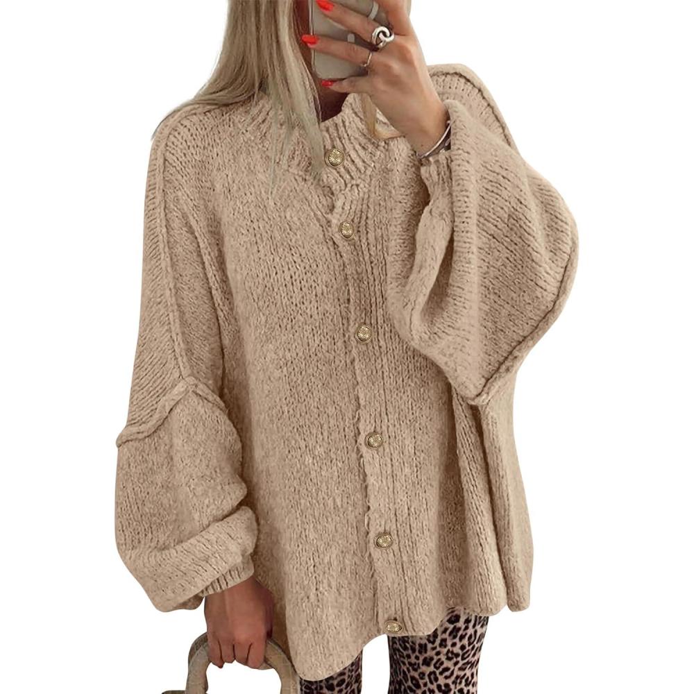 imageBTFBM Cardigan Sweaters for Women 2026 Fall Clothes Lantern Long Sleeve Button Open Front Chunky Knit Oversized SweaterApricot