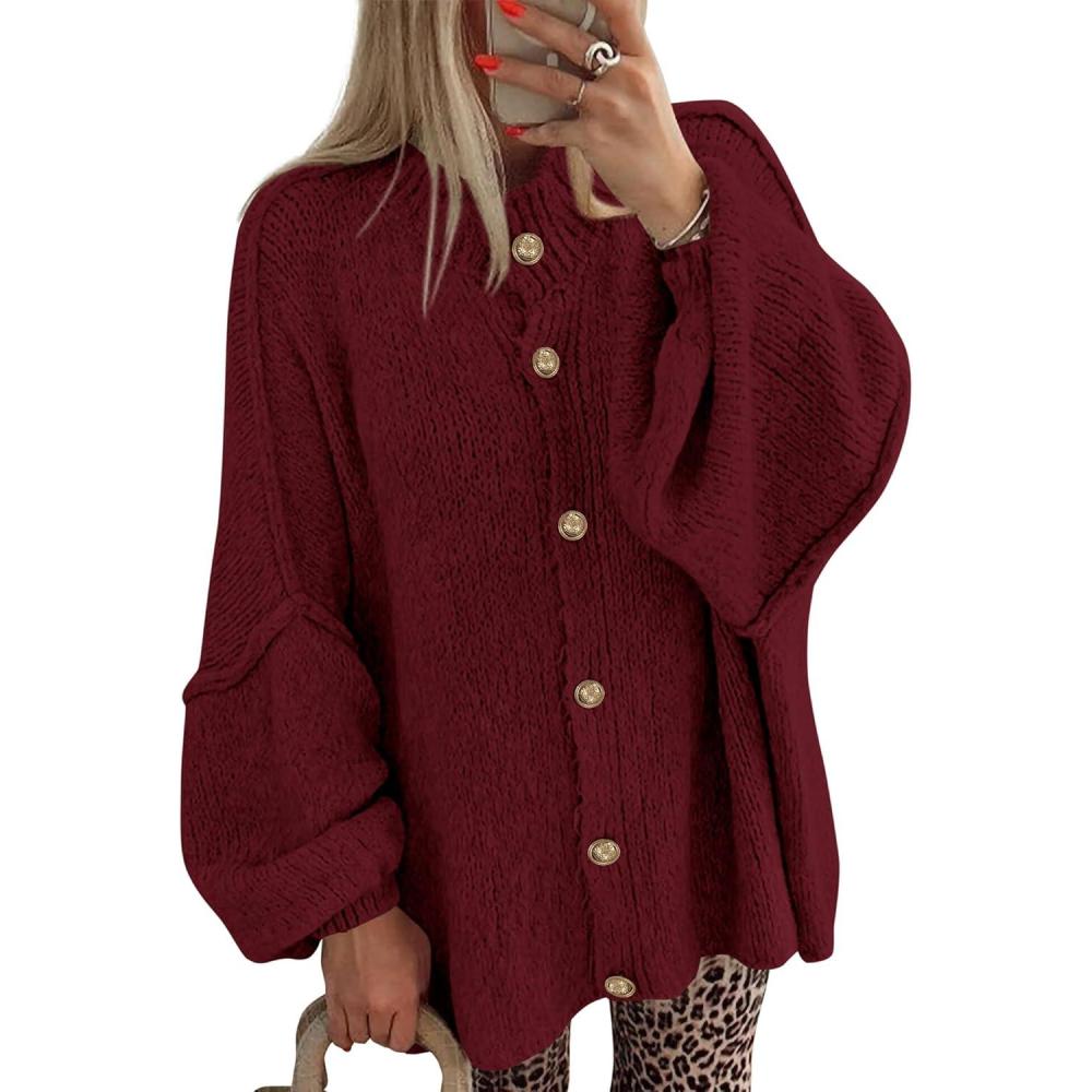 imageBTFBM Cardigan Sweaters for Women 2026 Fall Clothes Lantern Long Sleeve Button Open Front Chunky Knit Oversized SweaterBurgundy