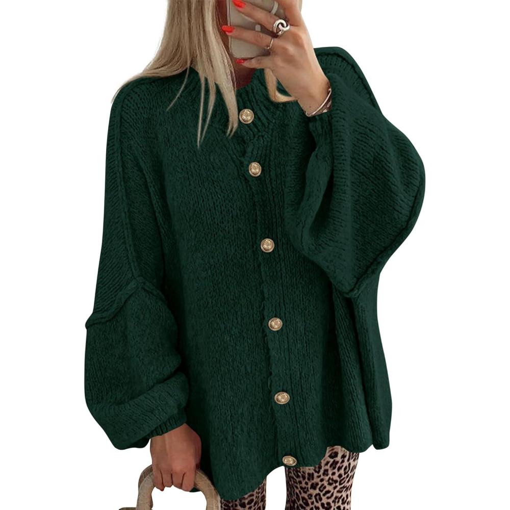 imageBTFBM Cardigan Sweaters for Women 2026 Fall Clothes Lantern Long Sleeve Button Open Front Chunky Knit Oversized SweaterDark Green