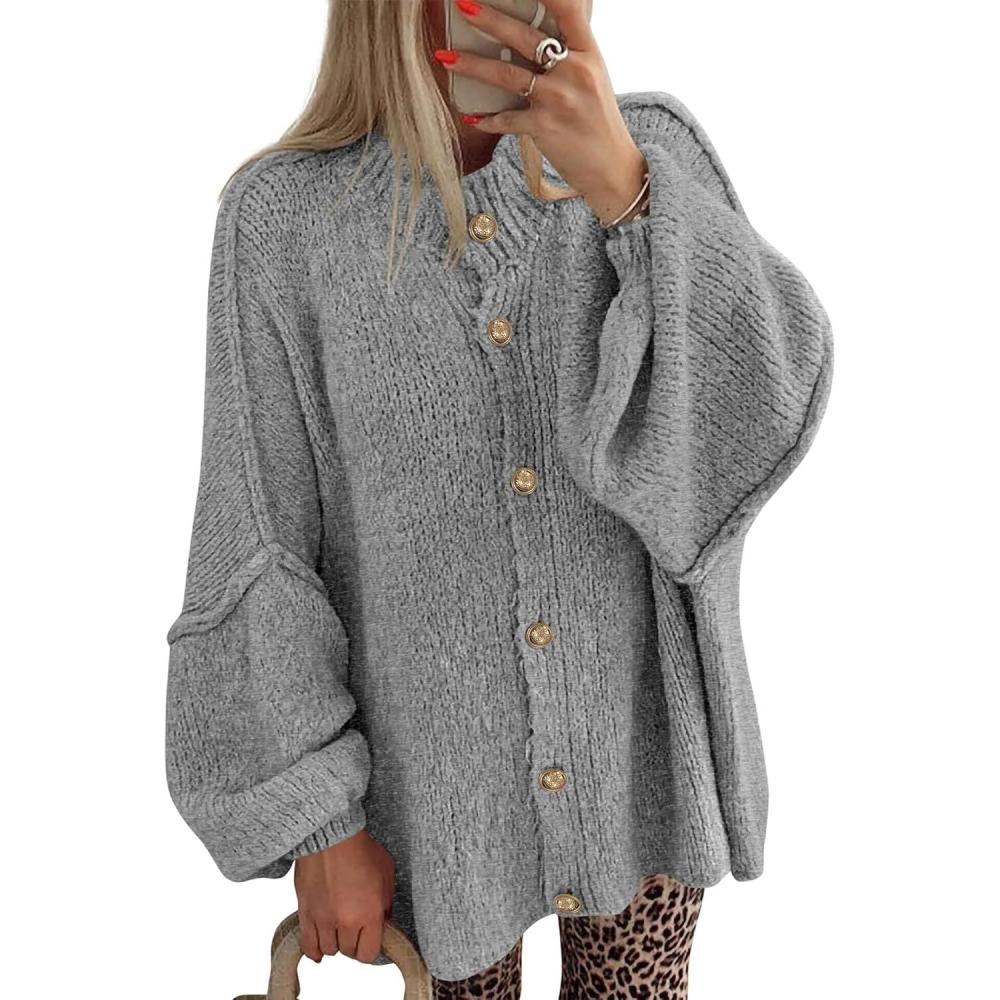 imageBTFBM Cardigan Sweaters for Women 2026 Fall Clothes Lantern Long Sleeve Button Open Front Chunky Knit Oversized SweaterGrey