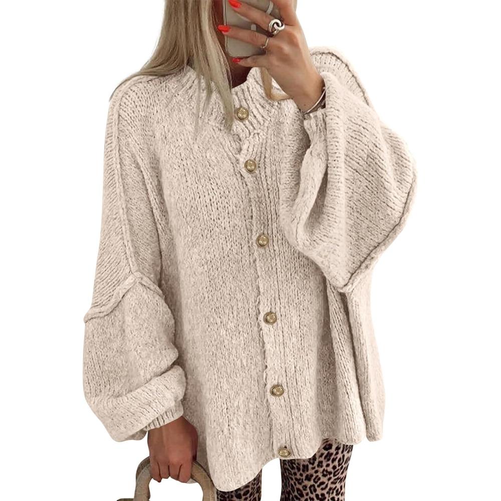 imageBTFBM Cardigan Sweaters for Women 2026 Fall Clothes Lantern Long Sleeve Button Open Front Chunky Knit Oversized SweaterLight Khaki