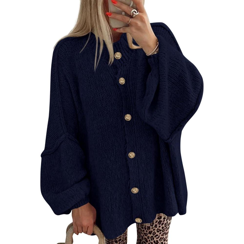 imageBTFBM Cardigan Sweaters for Women 2026 Fall Clothes Lantern Long Sleeve Button Open Front Chunky Knit Oversized SweaterNavy Blue