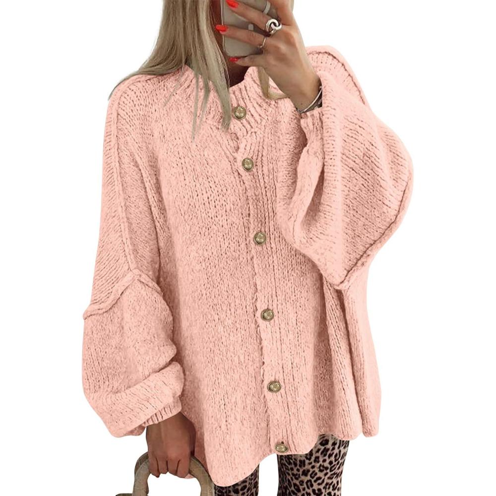 imageBTFBM Cardigan Sweaters for Women 2026 Fall Clothes Lantern Long Sleeve Button Open Front Chunky Knit Oversized SweaterPink