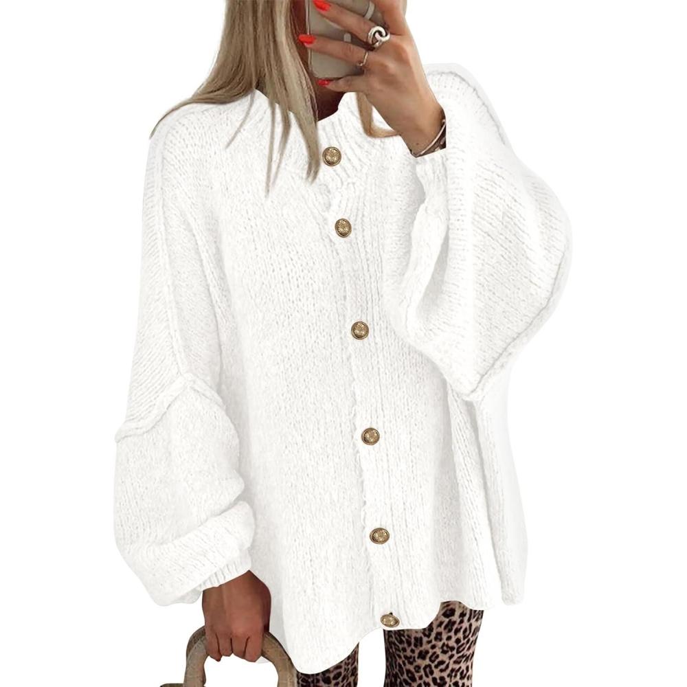 imageBTFBM Cardigan Sweaters for Women 2026 Fall Clothes Lantern Long Sleeve Button Open Front Chunky Knit Oversized SweaterWhite