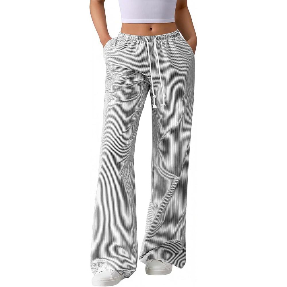 imageBTFBM Striped Wide Leg Pants for Women Spring Summer 2026 Drawstring Lounge PJ Beach Bottoms Casual Trousers PocketsBlack