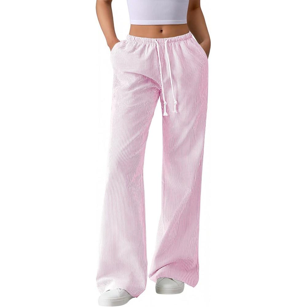imageBTFBM Striped Wide Leg Pants for Women Spring Summer 2026 Drawstring Lounge PJ Beach Bottoms Casual Trousers PocketsLight Pink