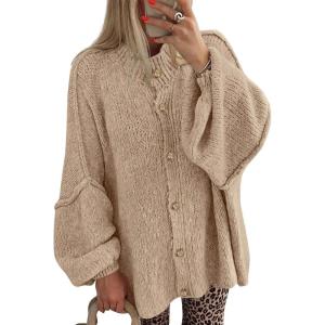 BTFBM Cardigan Sweaters for Women 2026 Fall Clothes Lantern Long Sleeve Button Open Front Chunky Knit Oversized Sweater(Apricot)