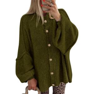 BTFBM Cardigan Sweaters for Women 2026 Fall Clothes Lantern Long Sleeve Button Open Front Chunky Knit Oversized Sweater(Army Green)