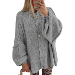 BTFBM Cardigan Sweaters for Women 2026 Fall Clothes Lantern Long Sleeve Button Open Front Chunky Knit Oversized Sweater(Grey)