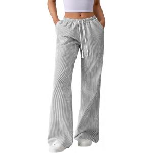 BTFBM Striped Wide Leg Pants for Women Spring Summer 2026 Drawstring Lounge PJ Beach Bottoms Casual Trousers Pockets(Black)