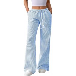 BTFBM Striped Wide Leg Pants for Women Spring Summer 2026 Drawstring Lounge PJ Beach Bottoms Casual Trousers Pockets(Light Blue)