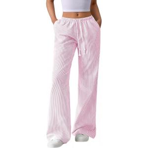 BTFBM Striped Wide Leg Pants for Women Spring Summer 2026 Drawstring Lounge PJ Beach Bottoms Casual Trousers Pockets(Light Pink)