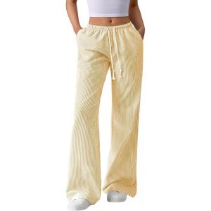 BTFBM Striped Wide Leg Pants for Women Spring Summer 2026 Drawstring Lounge PJ Beach Bottoms Casual Trousers Pockets(Yellow)