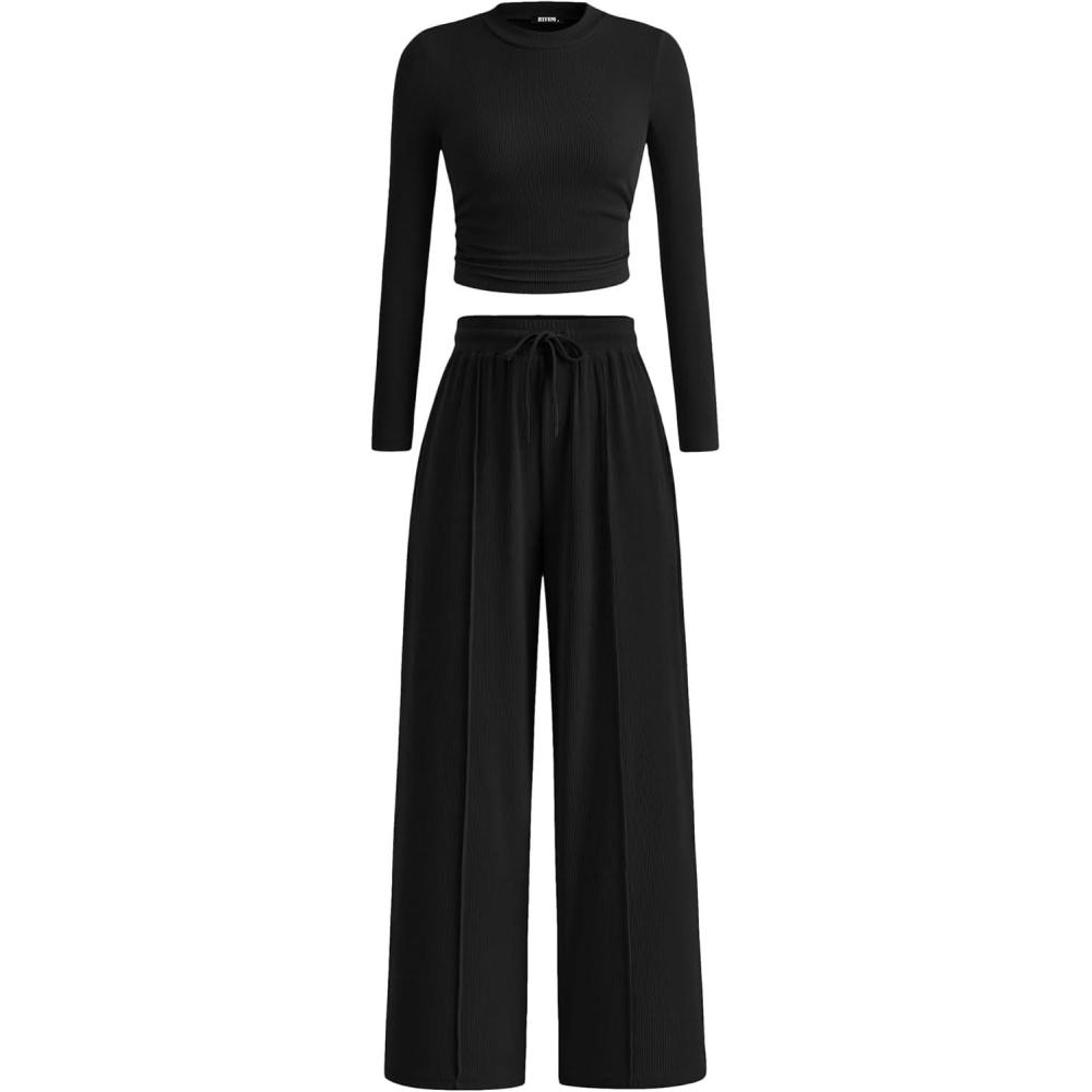 imageBTFBM Casual 2 Piece Sets For Women Fall Outfits 2026 Ribbed Spring Long Sleeve Crop Top Wide Leg Pants Matching Lounge SetBlack