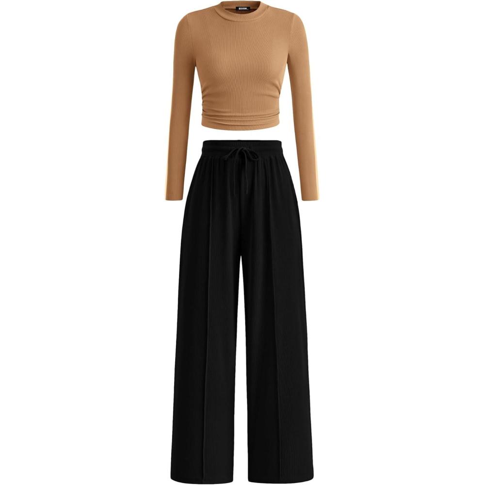 imageBTFBM Casual 2 Piece Sets For Women Fall Outfits 2026 Ribbed Spring Long Sleeve Crop Top Wide Leg Pants Matching Lounge SetCamel Black