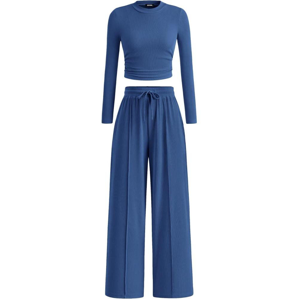 imageBTFBM Casual 2 Piece Sets For Women Fall Outfits 2026 Ribbed Spring Long Sleeve Crop Top Wide Leg Pants Matching Lounge SetDark Blue