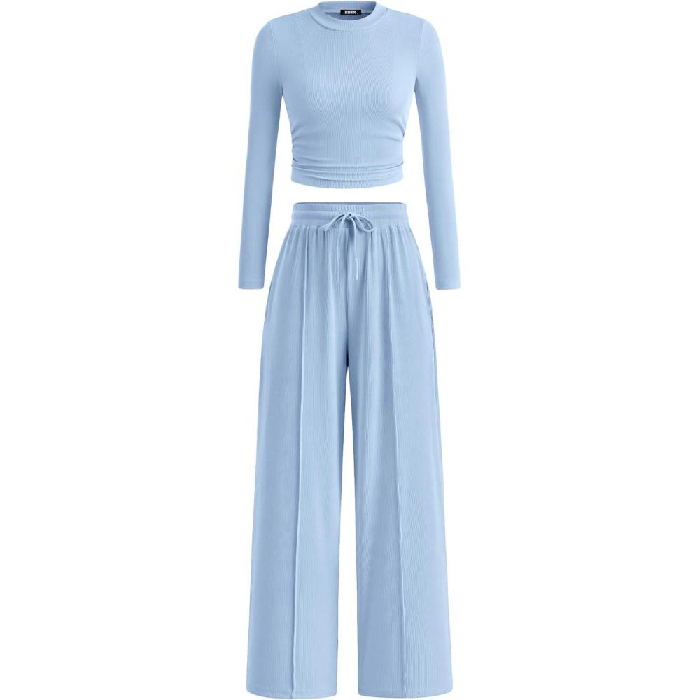 imageBTFBM Casual 2 Piece Sets For Women Fall Outfits 2026 Ribbed Spring Long Sleeve Crop Top Wide Leg Pants Matching Lounge SetLight Blue