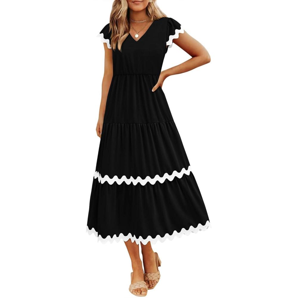 imageBTFBM Spring Summer Dresses for Women 2025 Vacation V Neck Cap Sleeve RIC Rac Loose Flowy Beach Midi Dress with PocketSolid Black