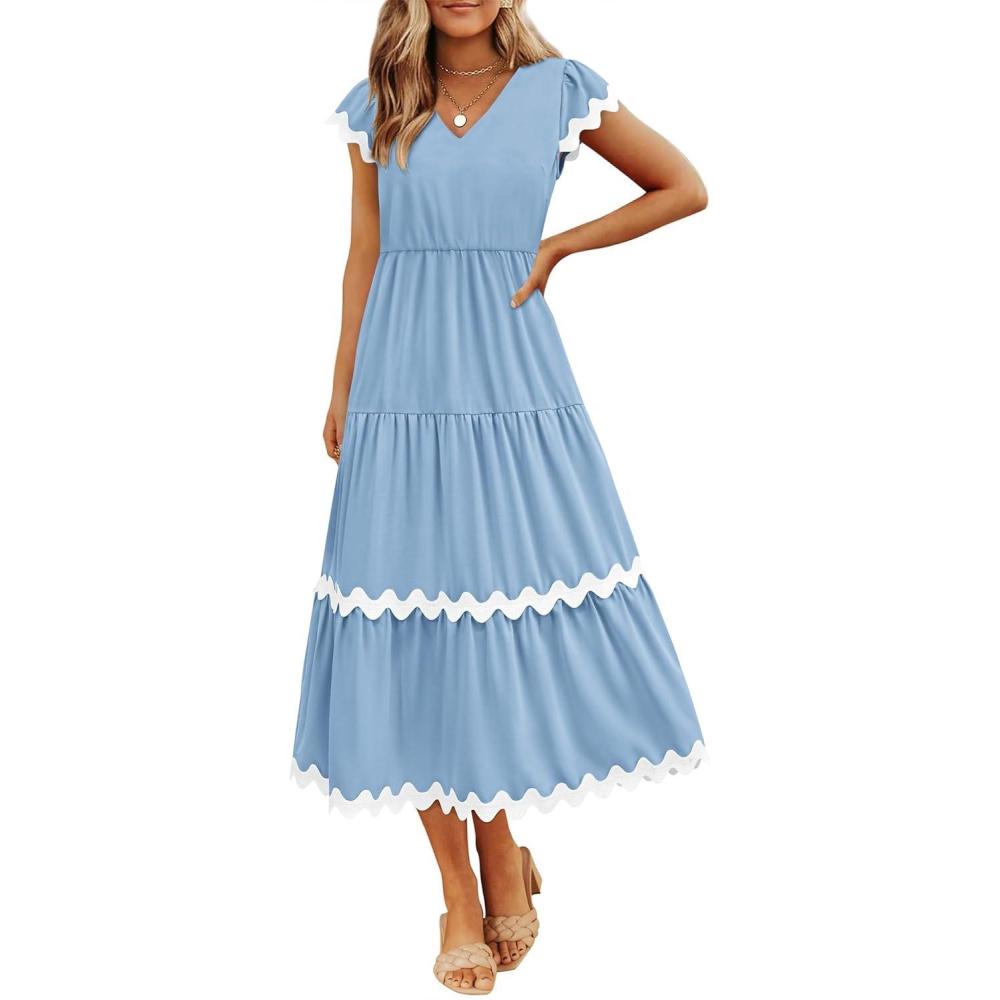 imageBTFBM Spring Summer Dresses for Women 2025 Vacation V Neck Cap Sleeve RIC Rac Loose Flowy Beach Midi Dress with PocketSolid Light Blue