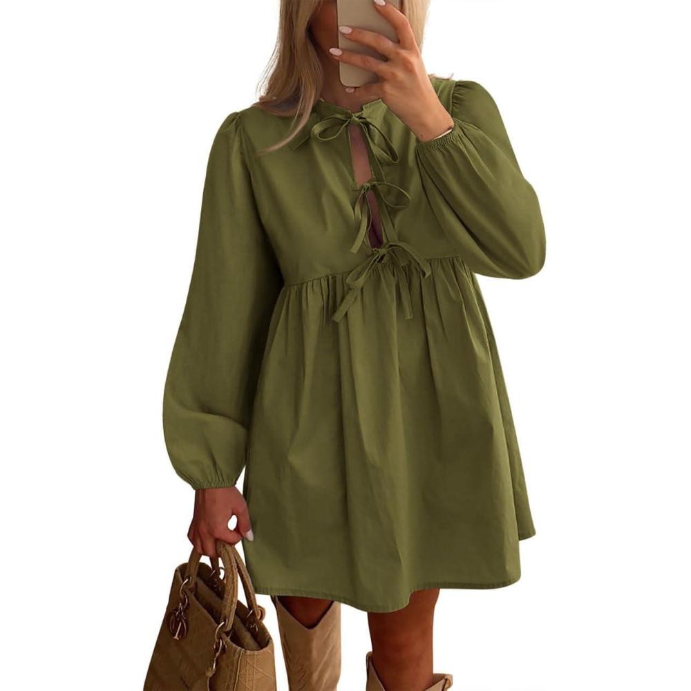imageBTFBM Womens Casual Short Dress 2025 Bow Tie Front Puff Long Sleeve Button A Line Cute Y2K Going Out Dresses PocketsArmy Green