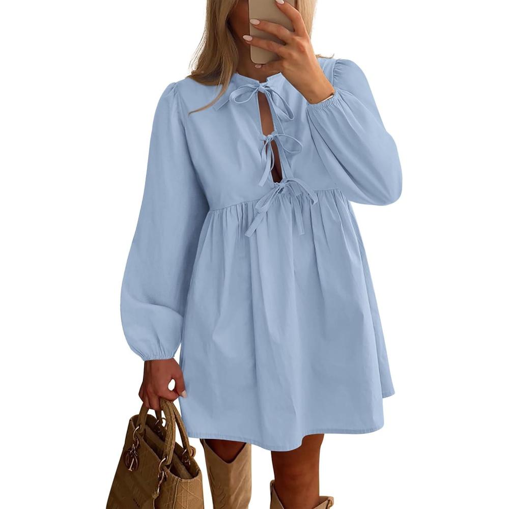imageBTFBM Womens Casual Short Dress 2025 Bow Tie Front Puff Long Sleeve Button A Line Cute Y2K Going Out Dresses PocketsLight Blue