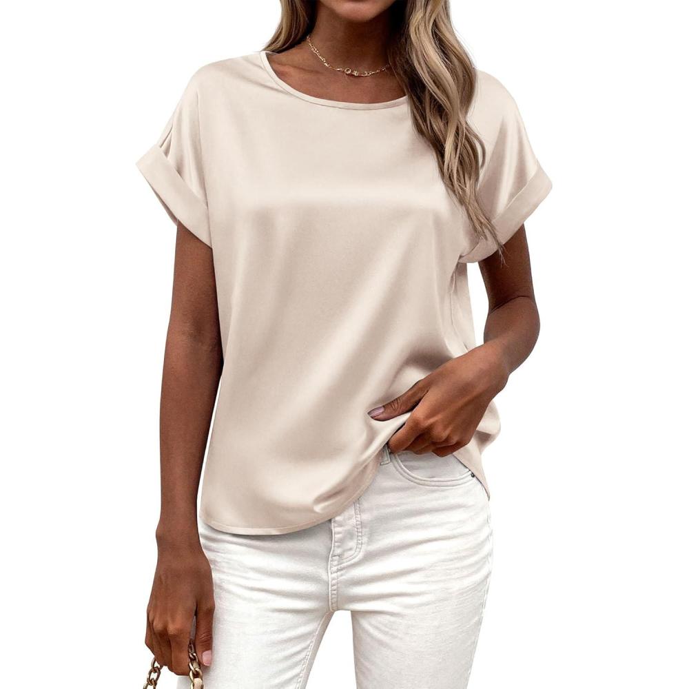 imageBTFBM Womens Summer Tops 2026 Satin Silk Crewneck Short Sleeve Shirts Work Business Outfits Spring Blouses Dressy CasualBeige