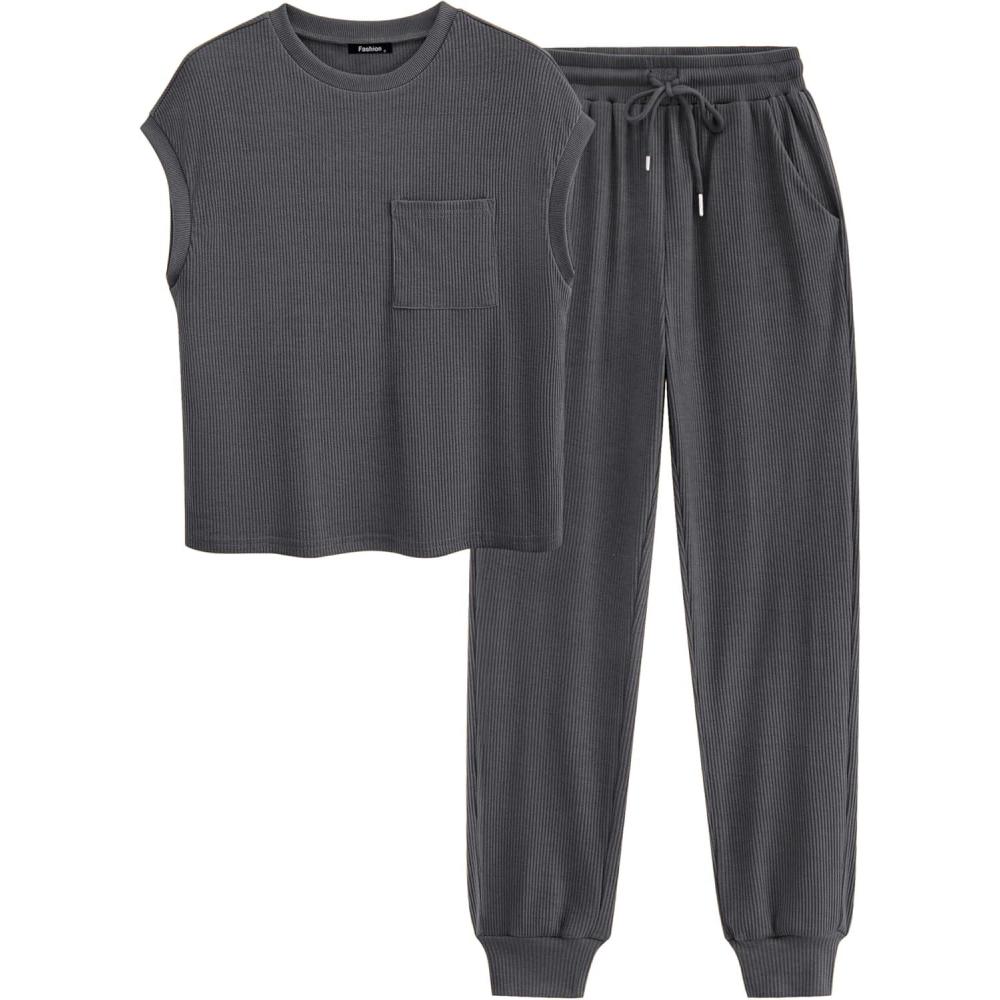 imageBTFBM Womens Two Piece Tracksuit Outfits Summer Short Sleeve Tops Long Pants Jogger Lounge Matching Sets SweatsuitSolid Dark Grey