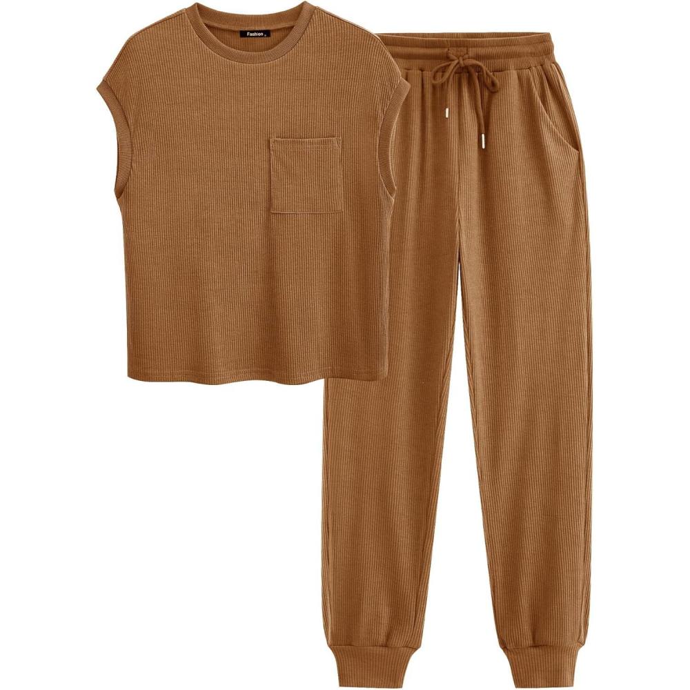 imageBTFBM Womens Two Piece Tracksuit Outfits Summer Short Sleeve Tops Long Pants Jogger Lounge Matching Sets SweatsuitSolid Dark Khaki