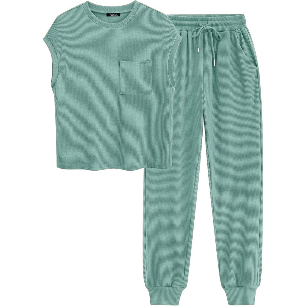 imageBTFBM Womens Two Piece Tracksuit Outfits Summer Short Sleeve Tops Long Pants Jogger Lounge Matching Sets SweatsuitSolid Fruit Green