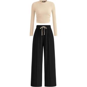 BTFBM Casual 2 Piece Sets For Women Fall Outfits 2026 Ribbed Spring Long Sleeve Crop Top Wide Leg Pants Matching Lounge Set(Beige Black)