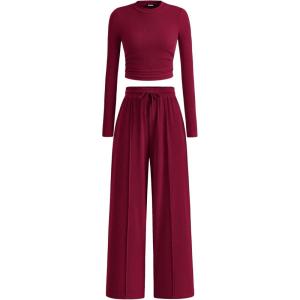 BTFBM Casual 2 Piece Sets For Women Fall Outfits 2026 Ribbed Spring Long Sleeve Crop Top Wide Leg Pants Matching Lounge Set(Burgundy)